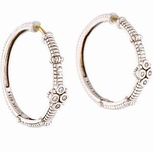 Judith Ripka JR TWO Sterling Silver 18K Gold Diamond Floral Hoop Earrings